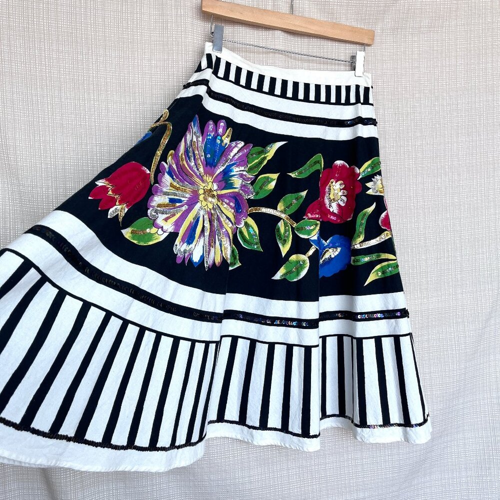 NWT Floral Sequins Skirt Black White Stripe Festive Playful Whimsy Goth Lydia - Picture 4 of 15